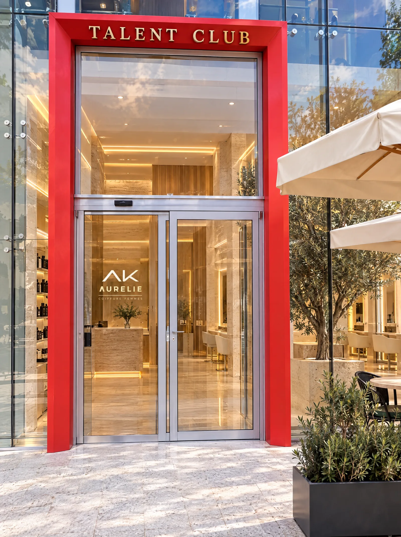 La porte vitrée du salon et son lettrage doré AK AURELIE, dans le portail rouge